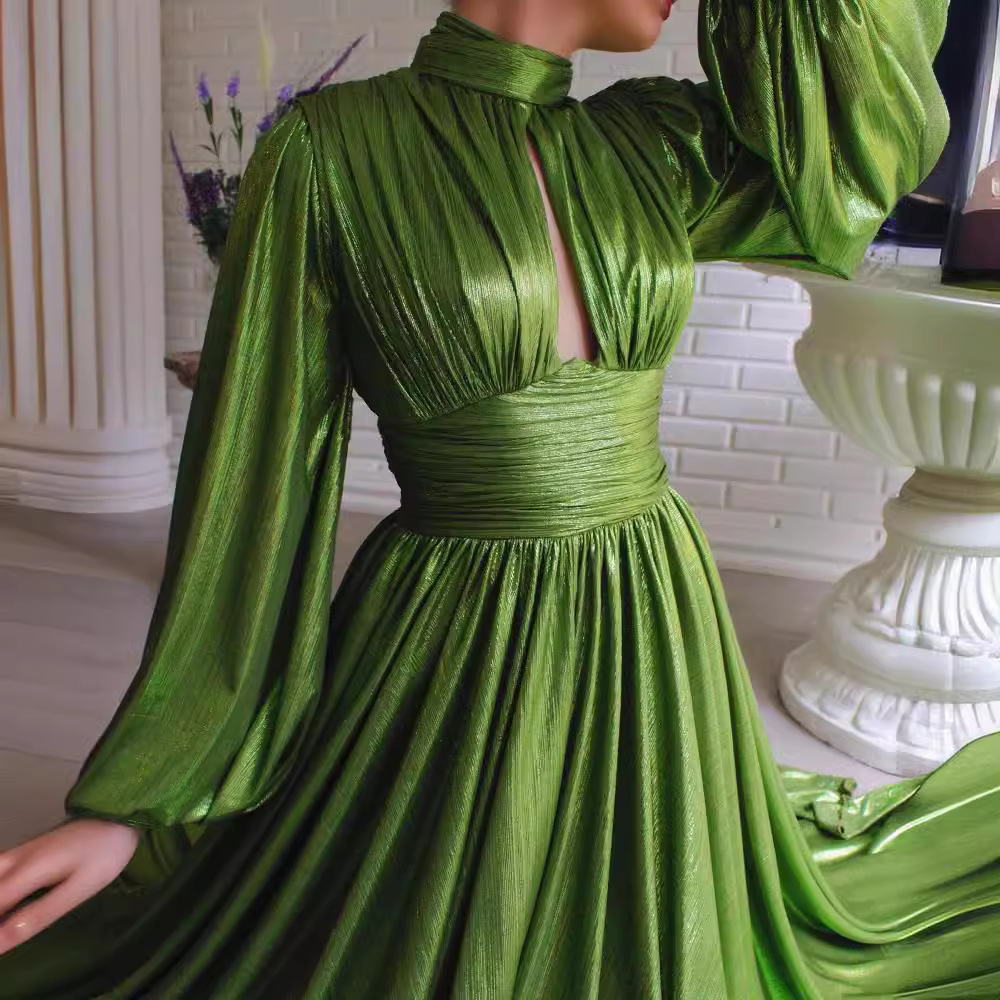 Abbigliamento da donna Abito con scollo a V e vita alta in stile palazzo di alta qualità, gonna a ruota grande, avocado verde_voghion.com