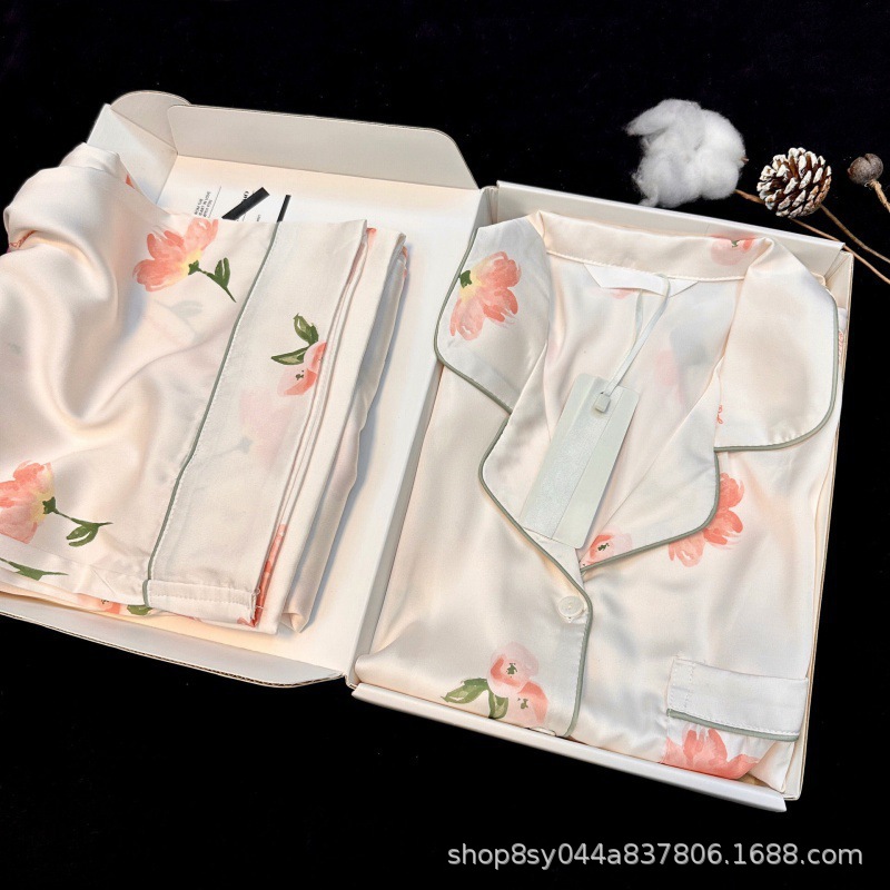 Butterfly imprimido pijama de primavera y otoño de mujeres nuevo 2025 seda de hielo ropa doméstica dos piezas de fábrica de comercio exterior transfronterizo