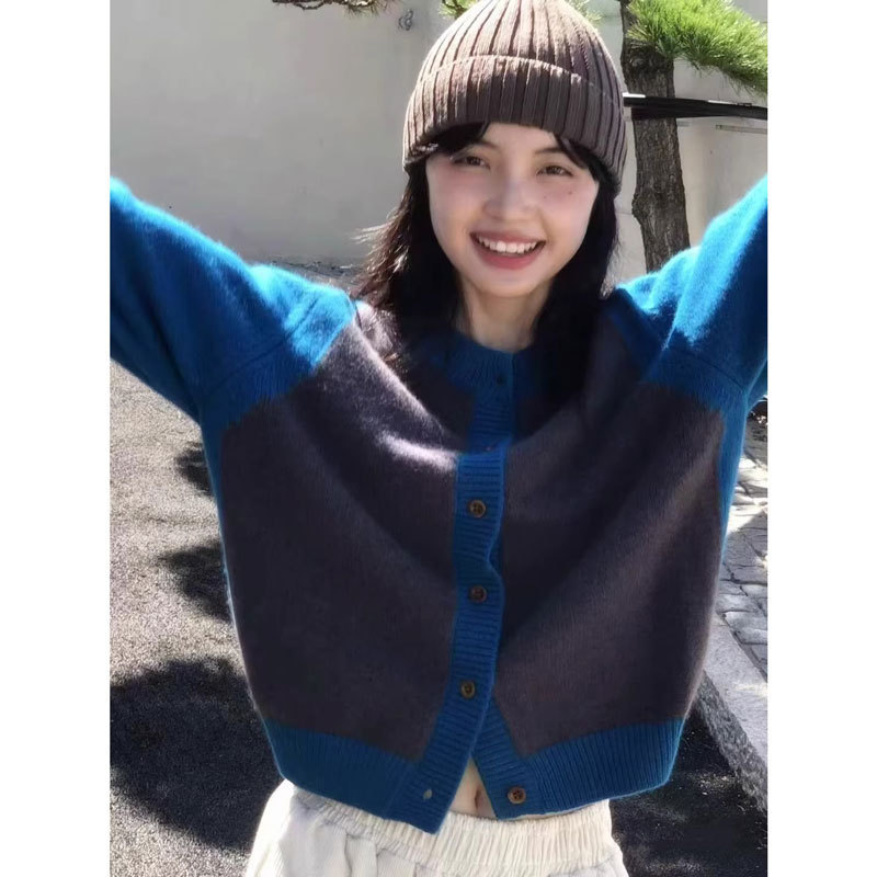 Contrast Color Cardigan Women's 100 Solid Color Wool 2024 Autumn Korean Knitwear Round Neck Cashmere Thickened Sweater Jacket