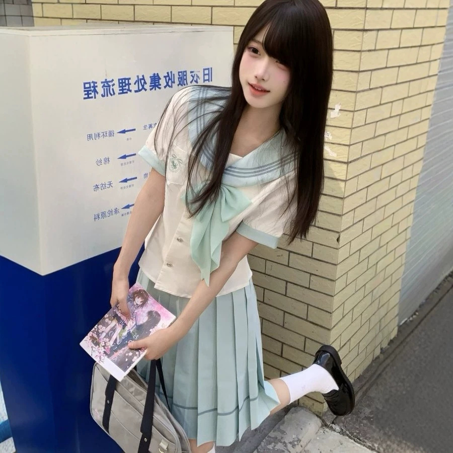 原创jk薄荷绿水手服夏制服学院风短袖套装日系百褶裙