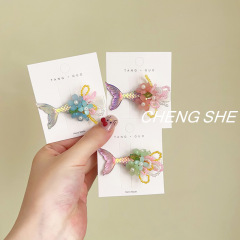 精致米珠串珠花朵美人鱼尾发夹女宝轻奢手工花朵小发夹刘海夹发饰