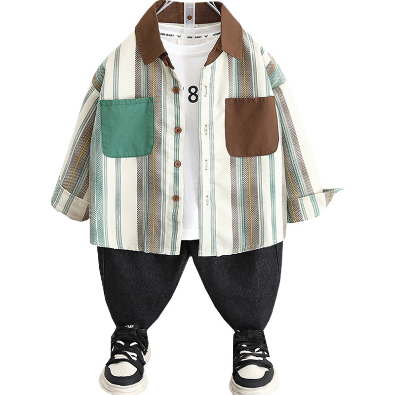 5827 chaqueta de camisa para niños primavera y otoño 2025 nuevo bebé otoño versión coreana camisa de manga larga para niños blusa a rayas