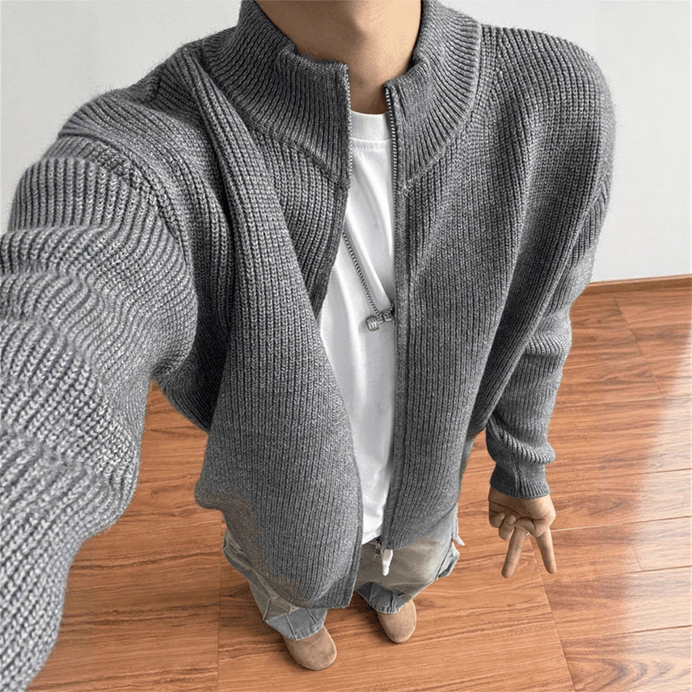 New 2025 Gray Half Turtleneck Cardigan Knitwear Men's Spring & Fall Inner Layering Shirt Jacket American Short Knitwear