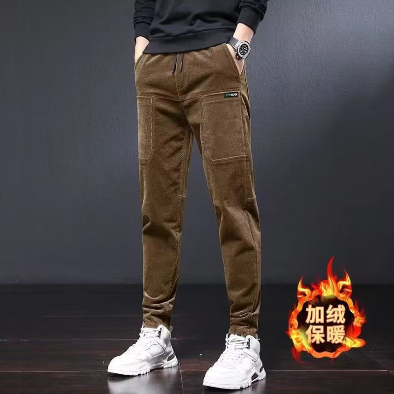 Trendy Corduroy Straight-Leg Casual Pants for Men, Korean Style, Slim Fit, Versatile, Fleece-Lined, Thickened, Workwear Design, Sports Long Pants