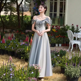 Bridesmaid Dress 2025 New Summer Simple Niche Fairy Sister Group Dress Gray High-End Daily Wear