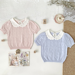 Cutemily Children's Clothing, Baby Girl Hooded Balloon Collar Lace-Up Top, Delicate and Cute Color Contrast Knit Short Sleeve