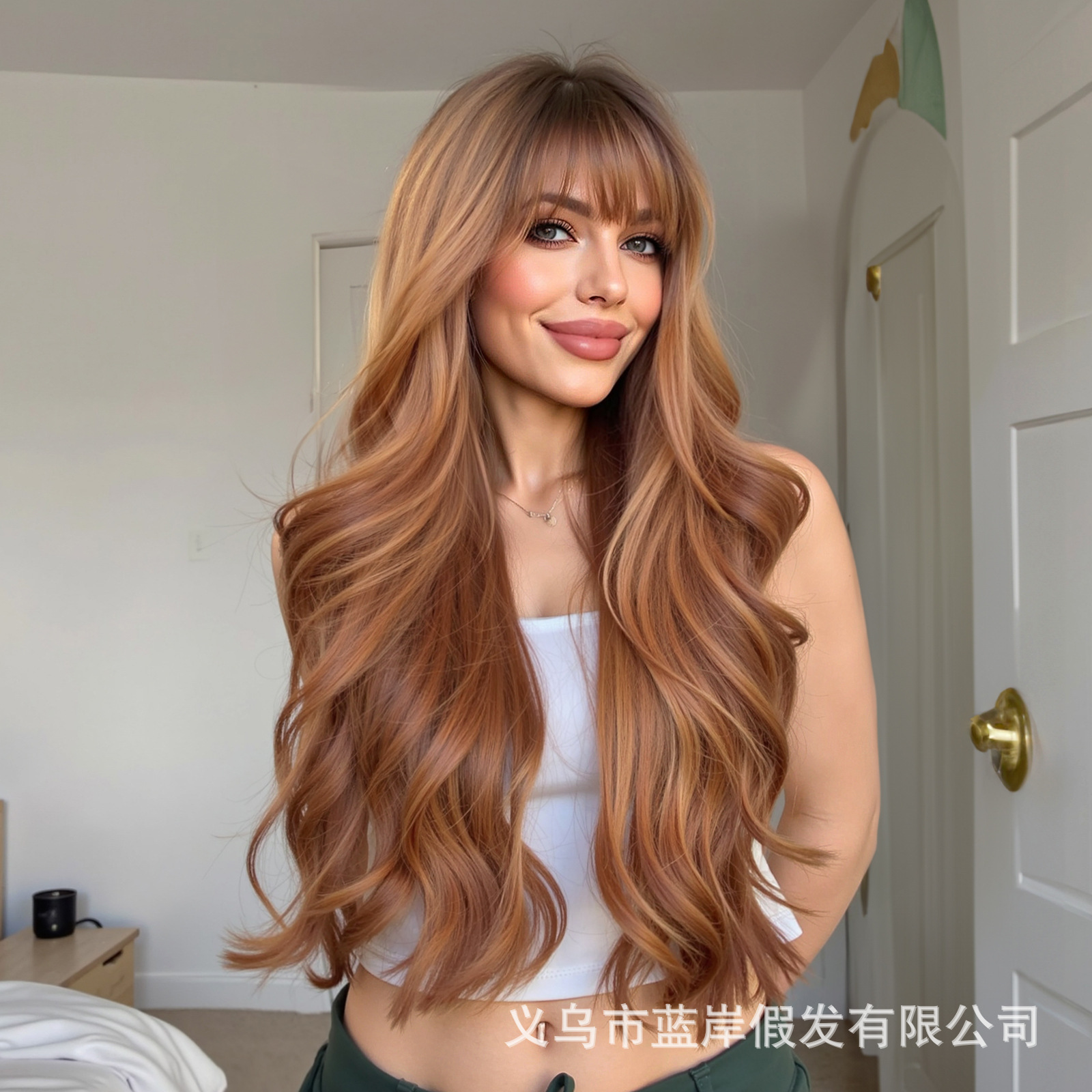 Nueva peluca de estilo europeo y americano para mujer, diadema completa con flequillo, marrón dorado, pelo largo y rizado ondulado grande, conjunto de pelucas de fibra química