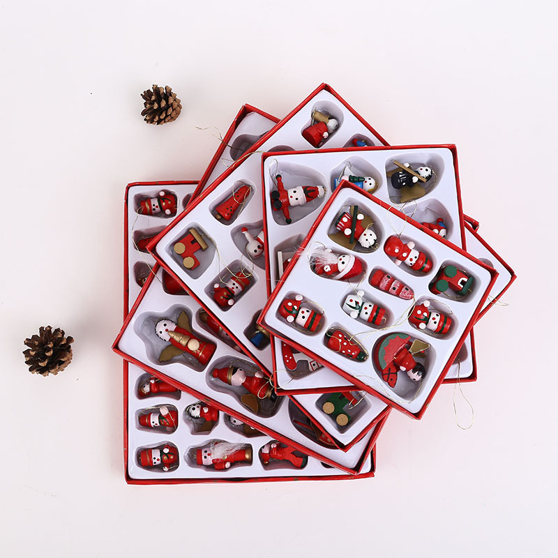 Creativa decoración del árbol de Navidad pequeños adornos en caja de madera pequeños colgantes ventana accesorios adornos decoraciones de Navidad al por mayor