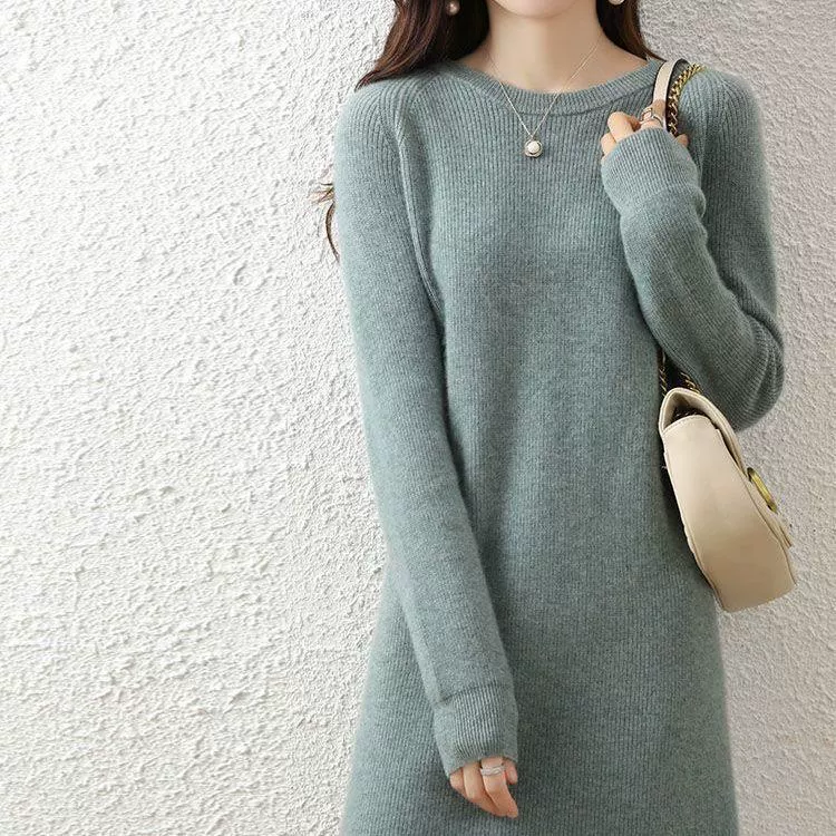 Осенне-зимнее трикотажное платье с круглым вырезом, женское свободное тонкое платье-свитер, модная базовая юбка средней длины с длинными рукавами и бедром