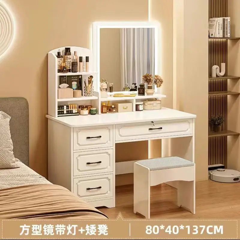 [사각거울+램프 4개] 80cm 웜화이트 + 스툴