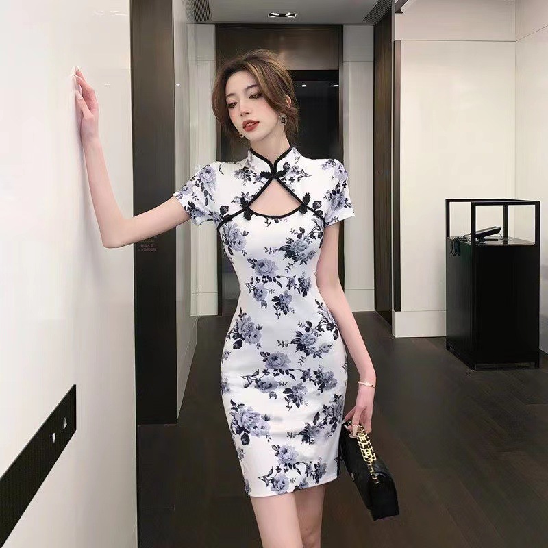 2026 Summer New Style Young Girl's Improved Cheongsam Ultra Slim Fit Slimming Street Style Short Sleeve Bodycon Dress