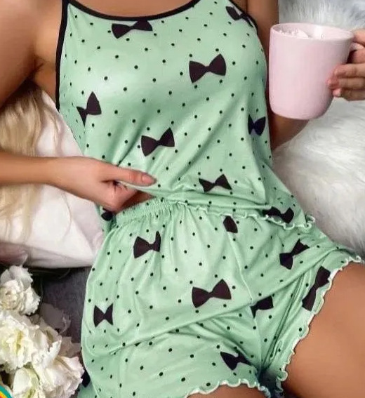 蝴蝶印花睡衣套装吊带背心弹性腰带短裤女士睡衣和家居黑色蓝色|undefined