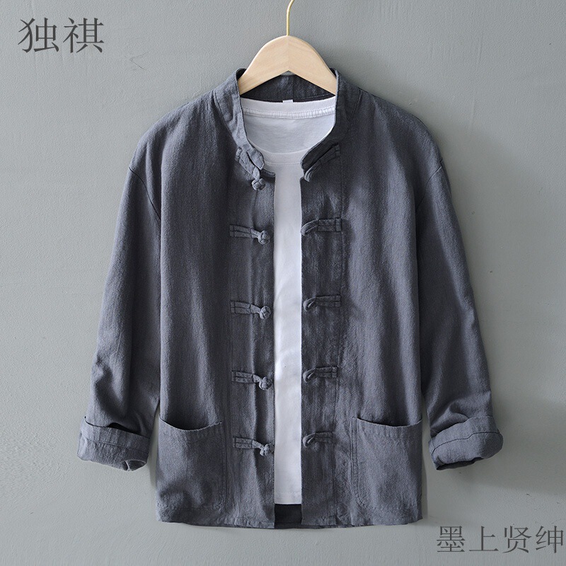 Chinese Style Buckle Ramie Shirt Long-sleeved Cotton Linen Men's Casual Loose Breathable Collar Retro Linen Shirt for Middle-aged