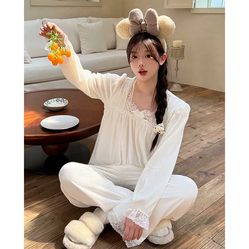 纯欲风白色蕾丝甜美睡衣女秋冬季海岛绒长袖长裤家居服套装批发