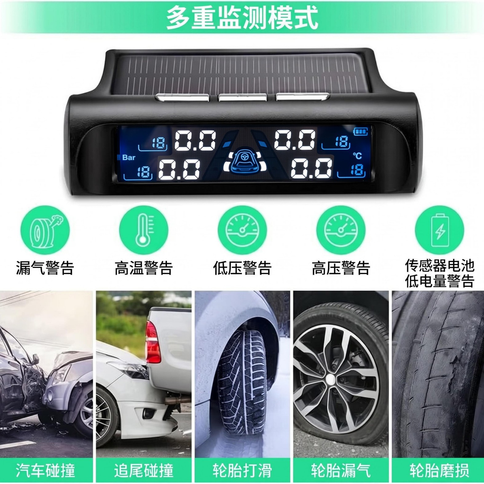 Car Tire Pressure Monitor, Four-Wheel Tire Pressure Detection, Wireless In-Car Tpms to Detect Tire Pressure