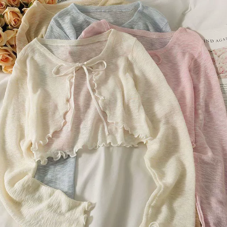 Летний солнцезащитный кардиган из трикотажа из ледяного шелка для женщин, короткий стиль с юбкой на подтяжках, маленькая шаль, рубашка с кондиционером, тонкая куртка.