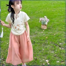 女童夏季套装2024新款儿童中式国风超仙清新盘扣短袖阔腿裤两件套