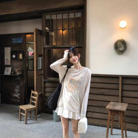 薄款微透防晒罩衫女夏宽松圆领长袖T恤印花上衣服