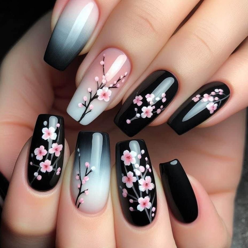 Black Gradient Nail Pieces New Chinese Plum Blossom Nail Pieces Finished Short Ballet Removable Nail Pieces Wholesale Black Gradient Nail Pieces New Chinese Plum Blossom Nail Pieces Finished Short Ballet Removable Nail Pieces Wholesale