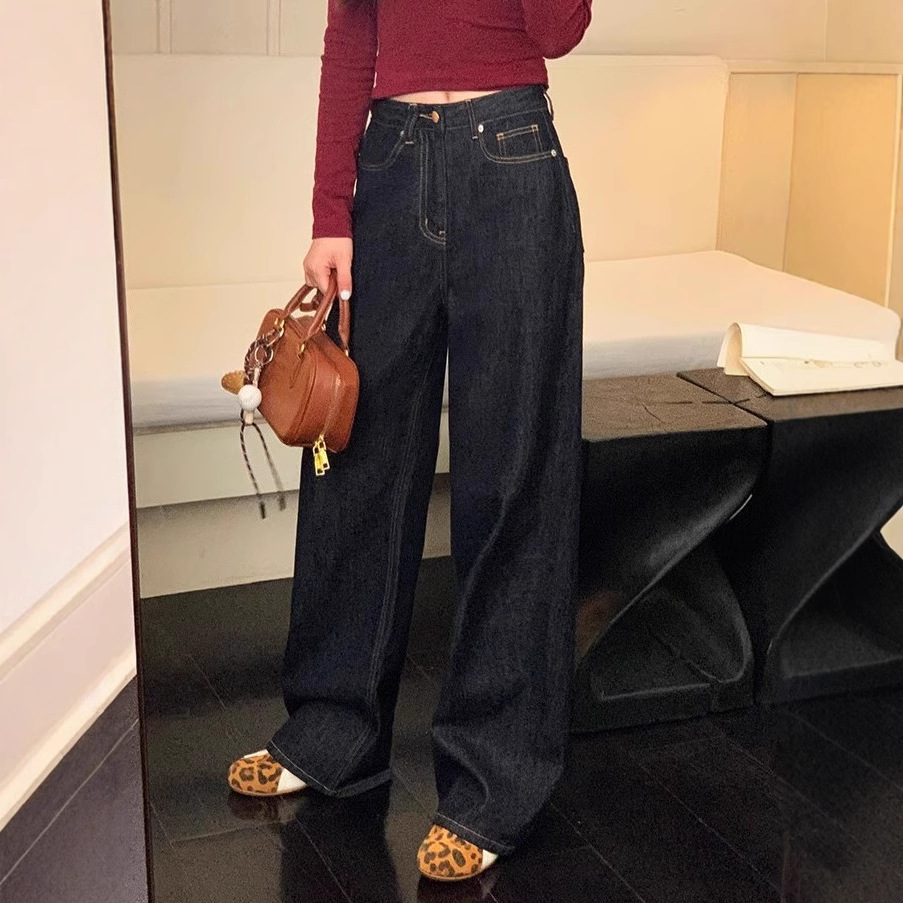 pusumede Vintage Wide-leg Jeans Women's Spring and Autumn Loose Slimming Straight Pants Mop Pants Long Pants