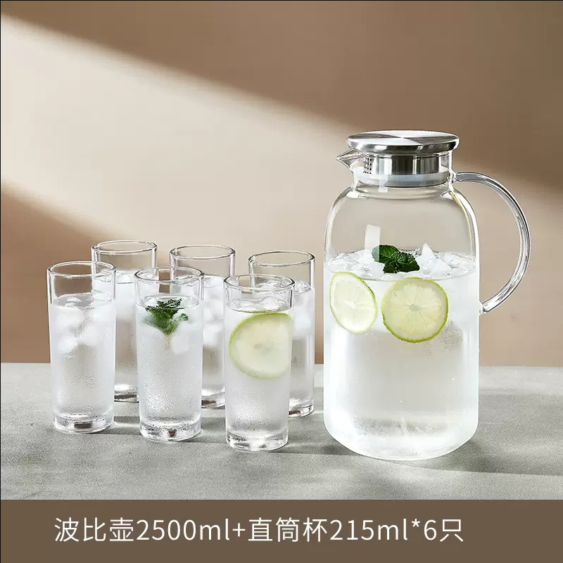 高温家庭用冷水ポット大容量ガラス冷水ポット冷水ティーポット白湯カップセット|undefined
