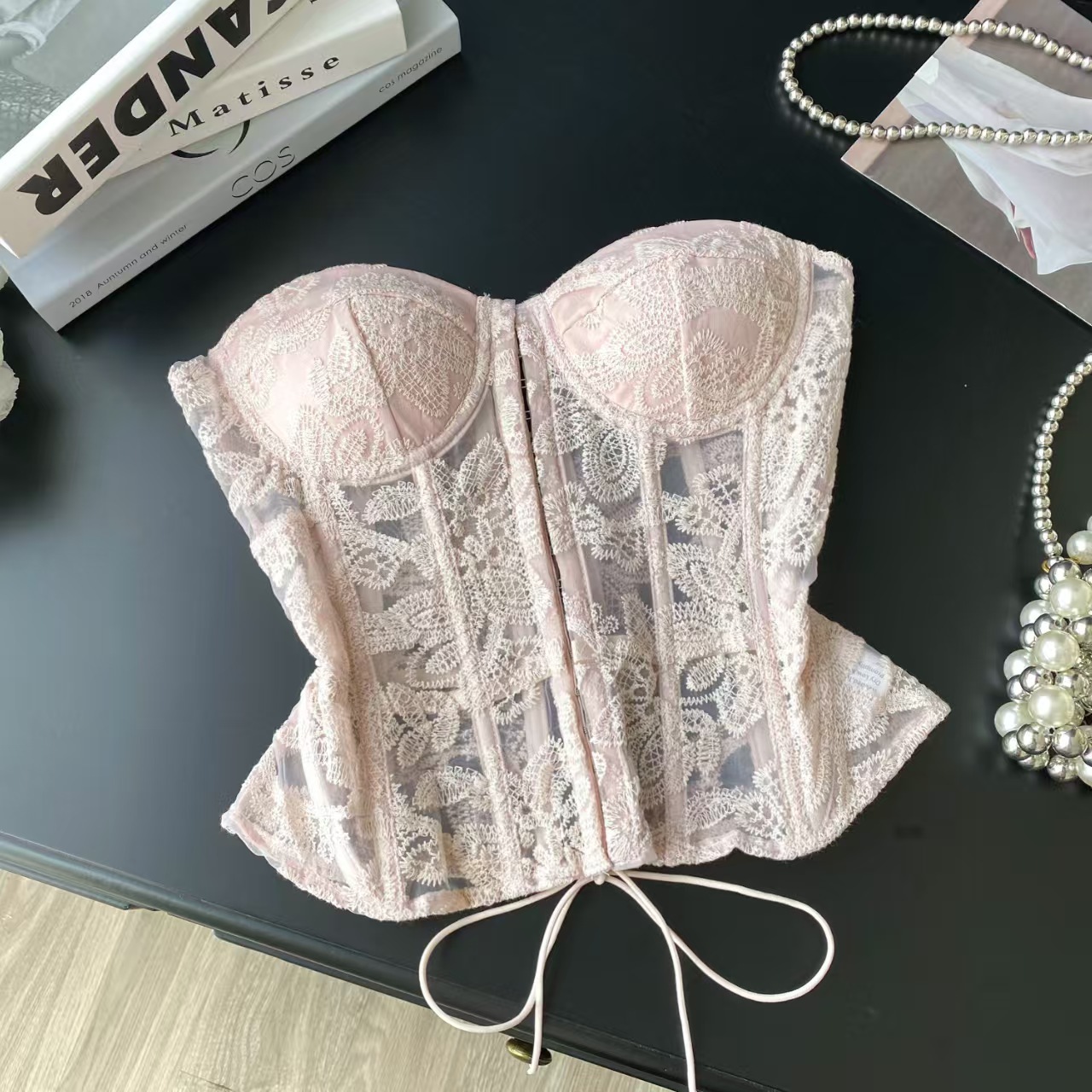 Heavy Embroidery Mesh Tube Top for Women, European and American Style, Lace-Up, Fishbone Slim Fit, Short Top, French Export