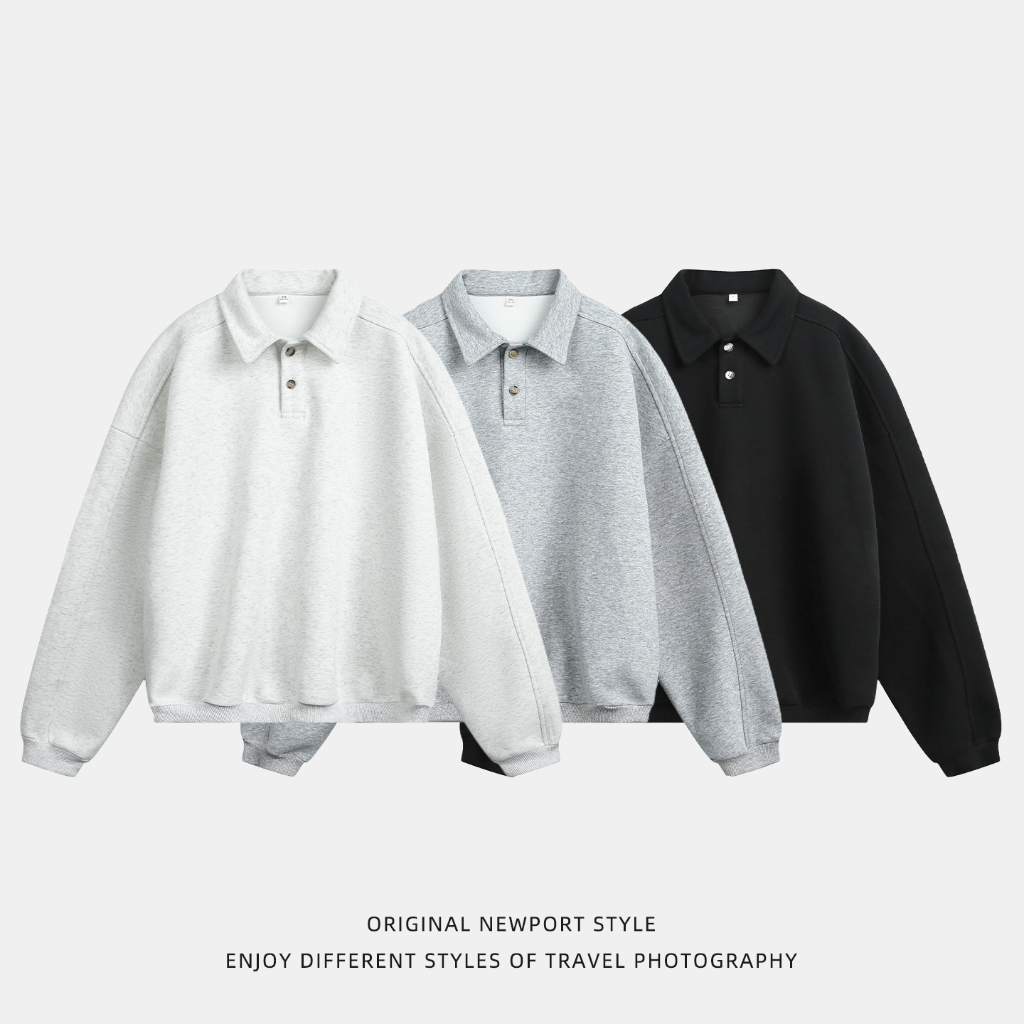 380g重磅质感翻领卫衣男秋季廓形复古轻奢老钱长袖polo套头衫外套