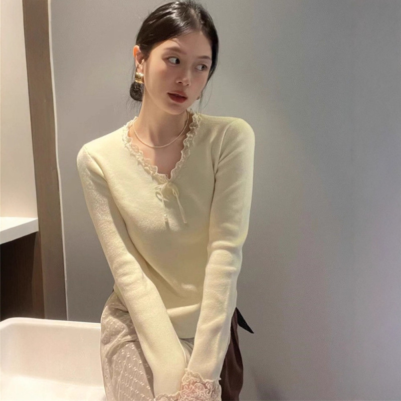 v领蝴蝶结毛衣针织衫女冬季202新款拼接蕾丝边长袖拼色修身上衣|undefined