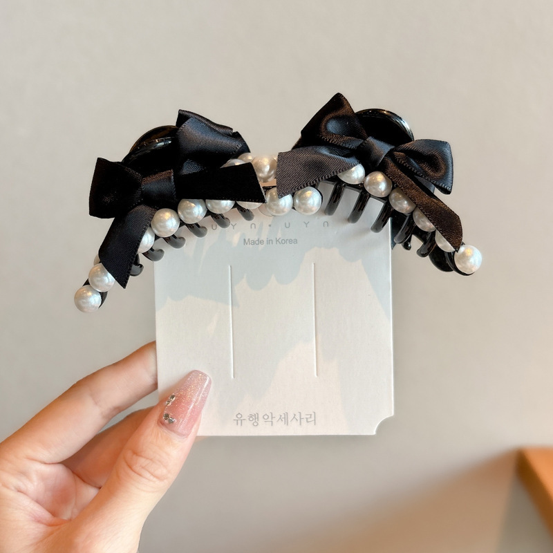 검은 진주 리본 머리핀 1쌍