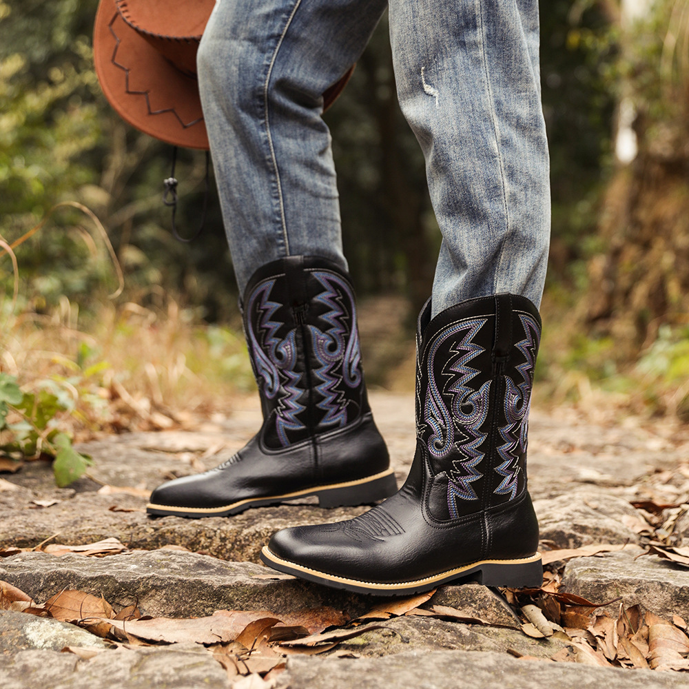 Cizme de cowboy western înalte, brodate, vintage, cu cap lat, pentru bărbați_voghion.com