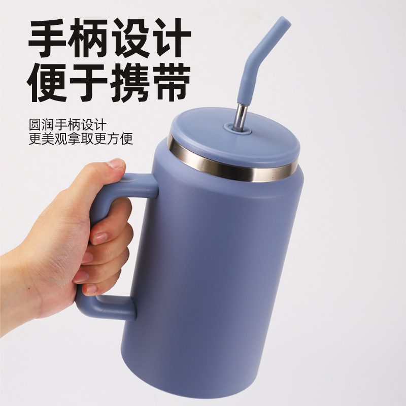 Taza termo simple gigante transfronteriza, taza de hielo de gran capacidad para el hogar, taza portátil de acero inoxidable para automóvil con pajita