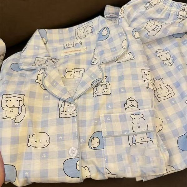卡通蓝格小熊睡衣女春秋季长袖长裤ins套装日系少女可外穿家居服|undefined