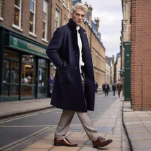 现货欧码跨境新款男装秋冬男士毛呢中长款腰带英伦风大衣男士外套