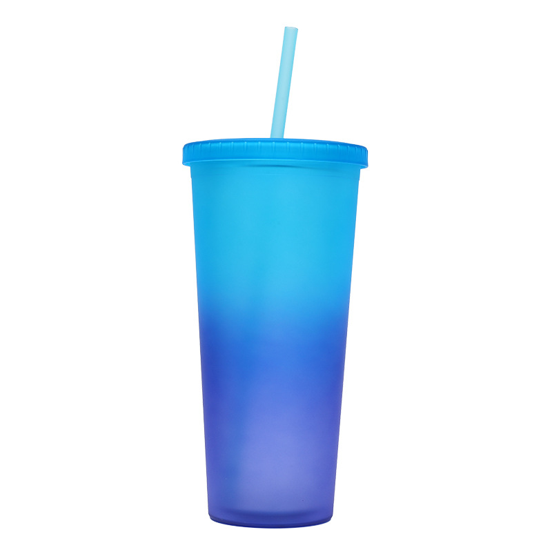 Suministro directo de fábrica Taza de paja de plástico de doble capa de color degradado Taza para beber personalizada de gran capacidad Taza de agua de textura esmerilada