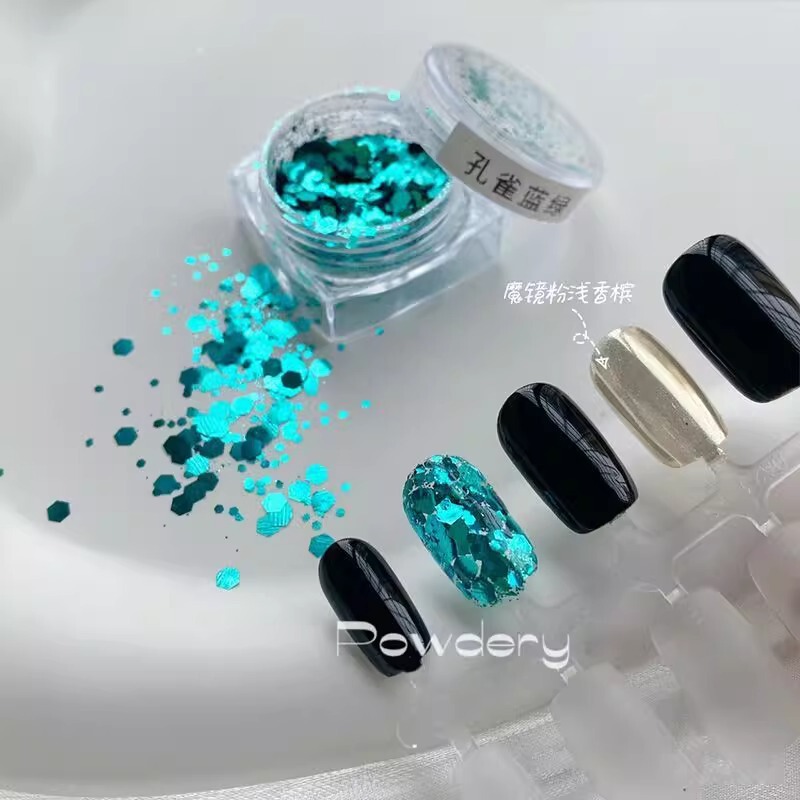 韓国スパンコールピーコックブルースパンコールネイルアートアクセサリーインターネットセレブホットスタイル美しい六角形マーメイドブルーネイルアートアクセサリー|undefined