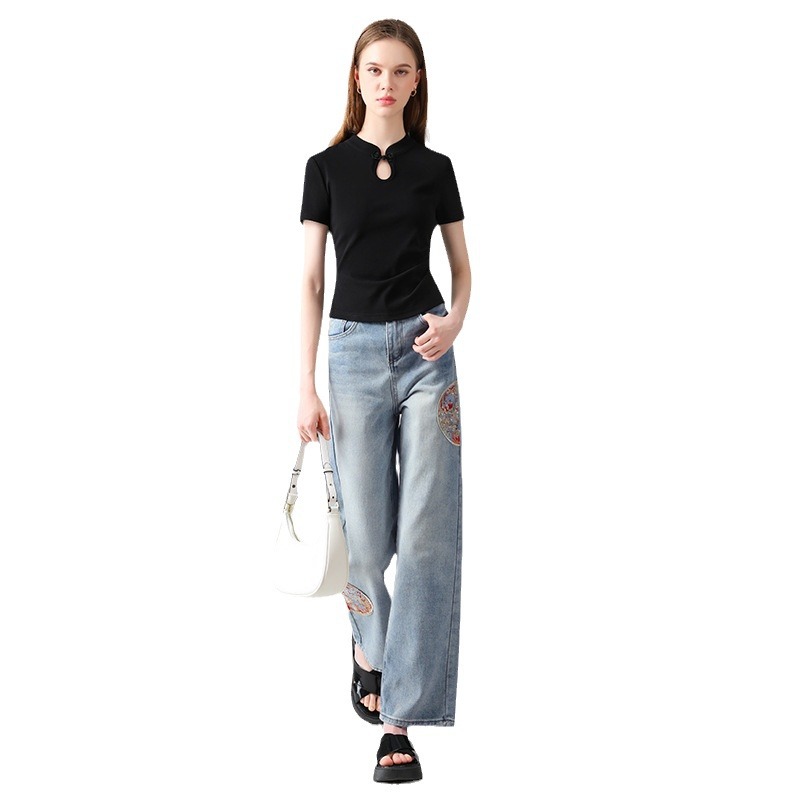 Camiseta negra de mangas cortas para mujeres 2025 nuevo diseño de moda de mujer china sensación de camiseta de algodón de estilo nacional cheongsam cuello de cintura superior