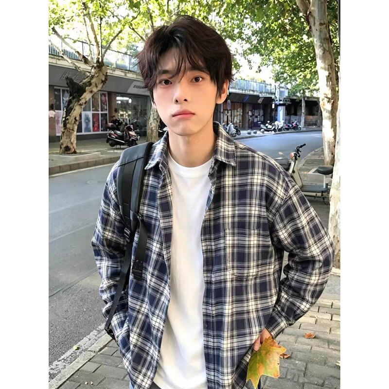 American Retro Plaid Shirt for Men, Trendy Long-Sleeved Spring and Autumn Loose Casual Couple Student Large Size Inner Shirt Jacket