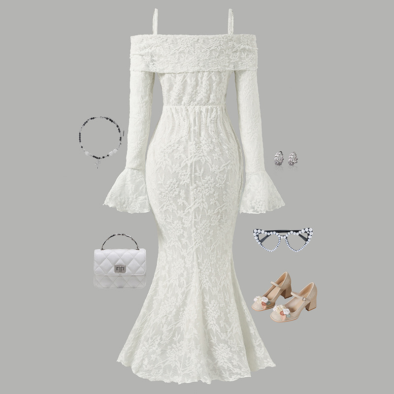 Mädchenkleid mit schulterfreiem Schnitt, Spitze, Herbst/Winter, neu, ausgestellte Ärmel, trägerlos, figurbetont, Größe 8-16 Jahre_voghion.com
