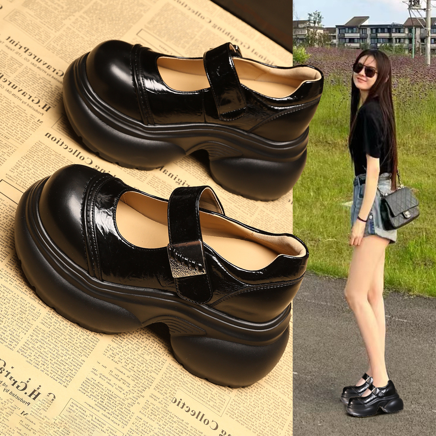 Giày Lolita nữ đế dày tăng chiều cao phong cách thời trang — màu be