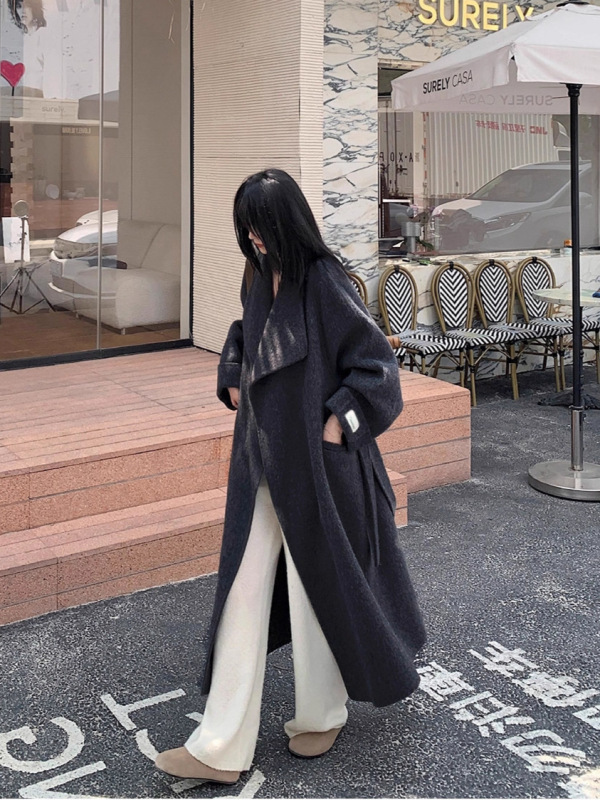 双面羊绒大衣女加长韩版系腰带立领毛呢外套简约高级感羊毛呢外套|undefined
