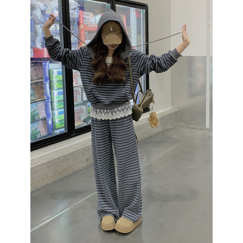 Korean Striped Sweatshirt Casual Sports Suit for Women 2025 Spring & Fall New Lace Splicing Wide-Leg Pants Two-Piece Set
