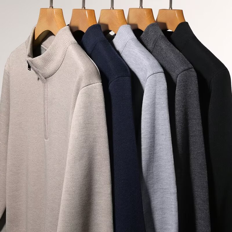Suéter de medio cremallera para hombres otoño y invierno de terciopelo grueso camiseta de punto de cuello medio alto para hombres una camiseta de invierno de terciopelo cálido