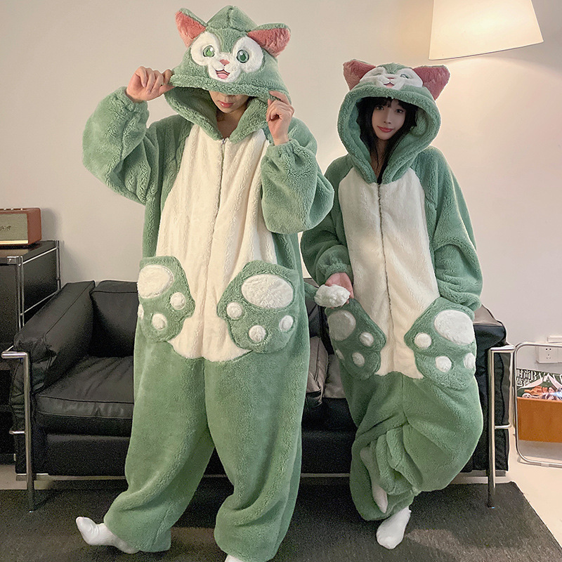 ワンピースのカップルのパジャマの女性の珊瑚の絨毯は厚いです。秋冬の男性のファスナーのフランネルの家の服は一体になります。|undefined