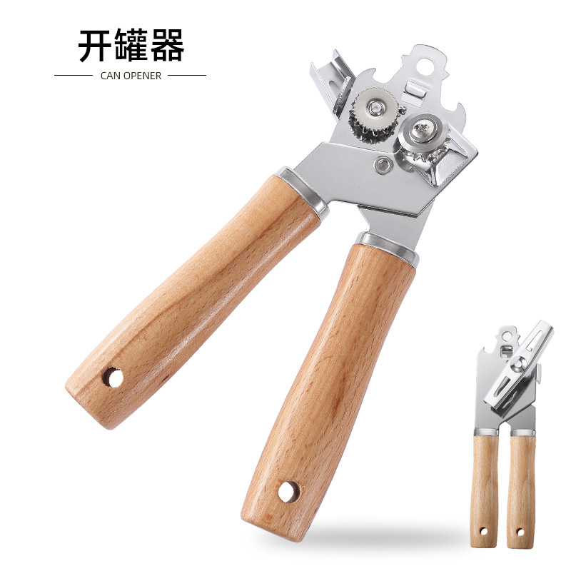 CROSS-BORDER MANUAL WOOD HANDLE TRIPLE ACTION HOUSEHOLD KITCHEN STEEL CAN OPENER MULTIFUNCTIONAL CAN OPENER