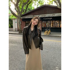 复古港风咖色pu皮衣翻领外套女秋季开衫上衣高级感小个子短款夹克