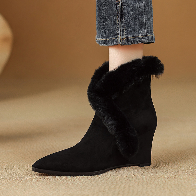 Comfortable Wedge Heel Short Boots with Fur Collar, Side Zipper, Suede Pointed Toe Chelsea Boots, Slimming High Heels with Plush Lining Comfortable Wedge Heel Short Boots with Fur Collar, Side Zipper, Suede Pointed Toe Chelsea Boots, Slimming High Heels with Plush Lining