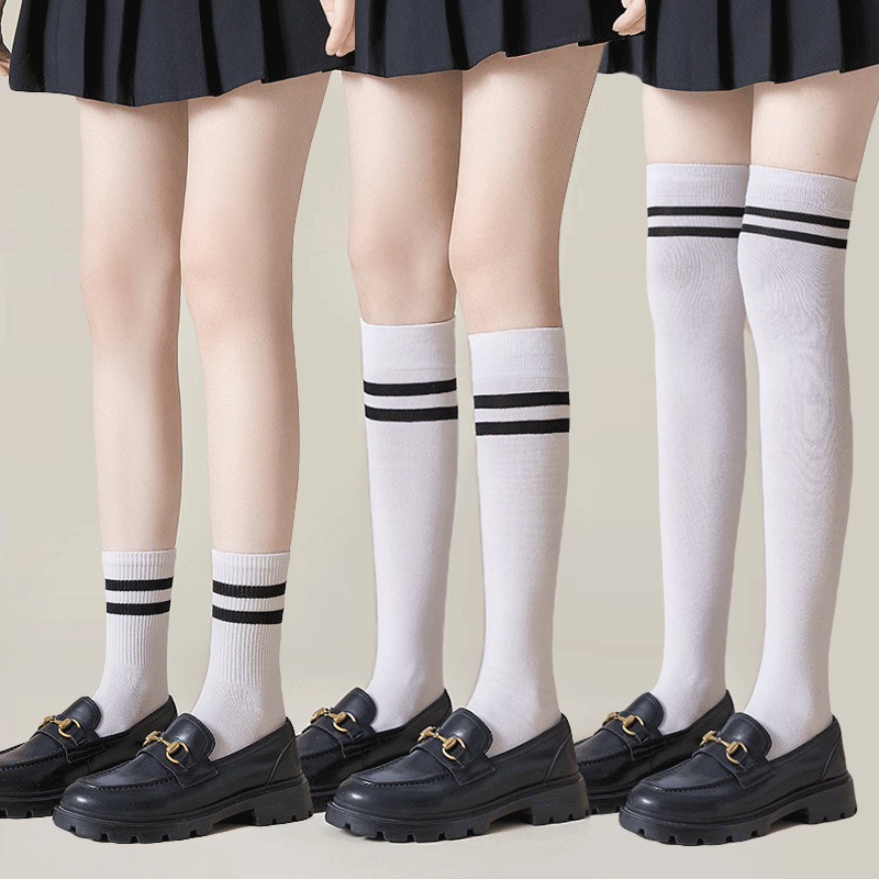 Black and White Cuff Socks Children's Spring and Summer Thin Middle Barrel Two Bar Japanese jk Stockings Micro Pressure Over-the-Knee Socks