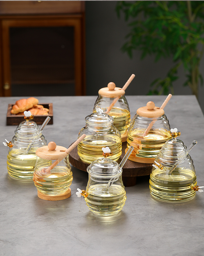 蜂蜜波纹玻璃罐,带勺500ml,高硼硅蜂蜜储物罐,圆形密封收纳罐
