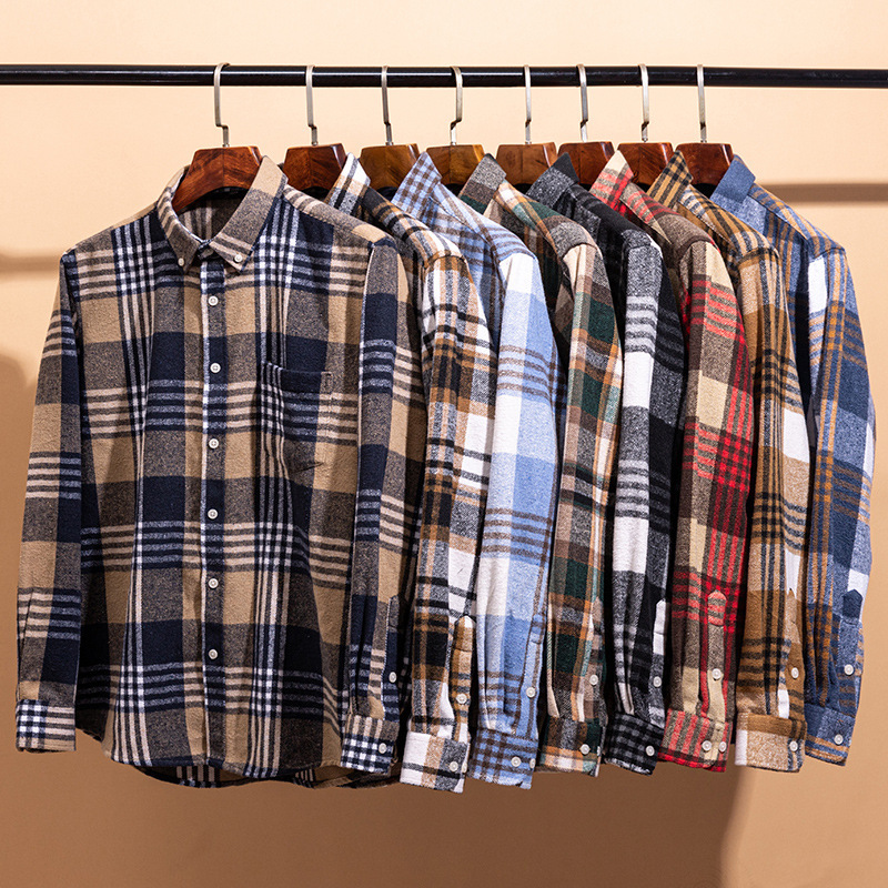 26 Spring and Autumn New Japanese Retro Plaid Shirt for Men, Long Sleeve, Brushed Casual Youth Export Cross-Border Men's Shirt