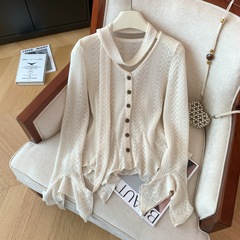 广州十三行高货爆款~喇叭袖气质上衣女洋气飘带百搭显瘦外穿长袖